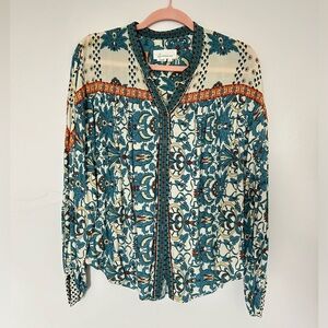 Anthropologie M Floral Button-Front Blouse — Teal & Cream